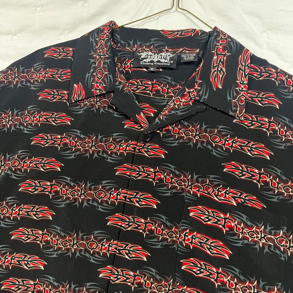 Dragonfly Clothing Company F*** Off Tribal Print Button Up Shirt XL Black Mr Red